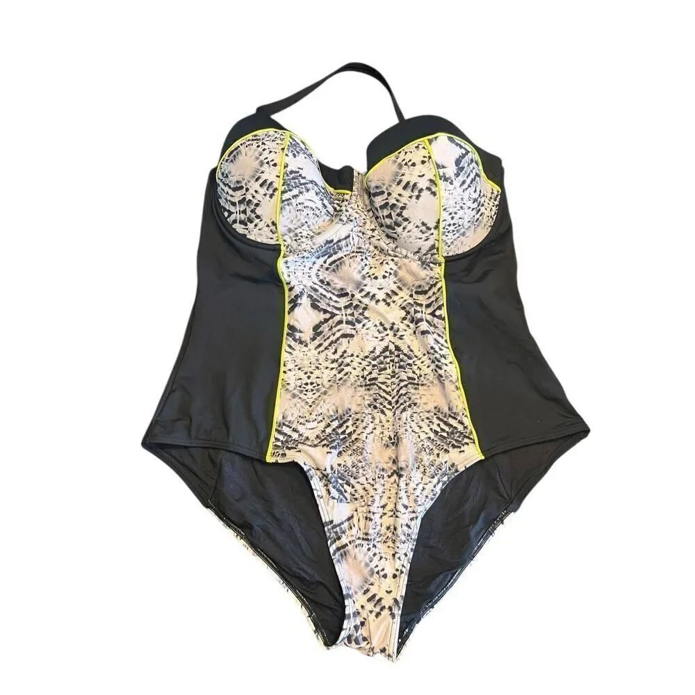 Tropic Culture Women 18 One Piece Swim Suit Black Grey Molded Cup Push Up 80’s